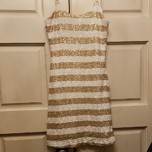 MM Couture Gold and White Striped Sequin Mini Dress